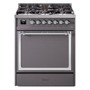 Matte graphite gas range with burner knobs, glass oven door, and lower storage drawer
