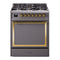 ILVE Nostalgie II Noblesse 30-Inch 4.0 Cu. Ft. Propane Gas Dual Fuel Range with 5 Burners and Solid Door in Matte Graphite with Brass Trim (UN30QNMPMGGLP)