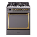 30-inch dual fuel range with matte graphite door and brass-trimmed control knobs