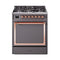 ILVE Nostalgie II Noblesse 30-Inch 4.0 Cu. Ft. Propane Gas Dual Fuel Range with 5 Burners and Solid Door in Matte Graphite with Copper Trim (UN30QNMPMGPLP)