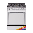 30-inch dual fuel range with solid oven door, chrome trim, and gas burners