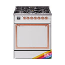 30-inch dual fuel range with control knobs, closed oven door, copper trim