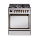Stainless steel dual fuel range with bronze-trimmed solid door and control knobs