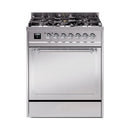 Stainless steel dual-fuel gas range with solid door and chrome control knobs