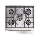 Stainless steel cooktop with four gas burners and brass handle trim