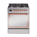 Stainless steel dual fuel gas range with solid door and copper-trimmed control knobs