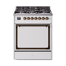 30-inch dual fuel range with white door and bronze control knobs