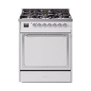 White dual-fuel range with smooth glass oven door and burner control panel
