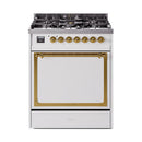White gas dual-fuel range front with control knobs, burners, and oven glass door