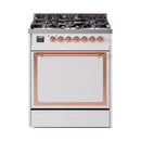 White dual-fuel range with copper-trimmed door, control knobs, and 5-burner cooktop
