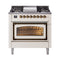 ILVE Nostalgie II Noblesse 36-Inch 3.5 Cu. Ft. Propane Gas Dual Fuel Range with 6 Burners, Griddle and Triple Glass Door in Antique White with Burnished Bronze Trim (UN36FNMPAWBLP)