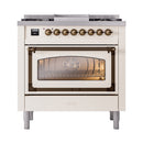 Antique white gas range with bronze control knobs and glass oven door window