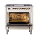 Antique white dual-fuel gas range with open oven door and lit oven interior