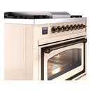 Antique white dual-fuel gas range with bronze control knobs and side profile oven door