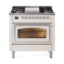 Dual fuel range with cooktop grates and open oven door showing baking rack