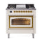 ILVE Nostalgie II Noblesse 36-Inch 3.5 Cu. Ft. Propane Gas Dual Fuel Range with 6 Burners, Griddle and Triple Glass Door in Antique White with Brass Trim (UN36FNMPAWGLP)