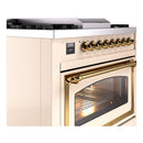 Dual fuel range side-front view with brass oven handle and closed glass oven door