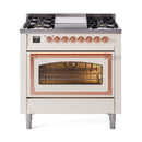 ILVE dual fuel range with copper-trimmed oven window and control knobs, antique white