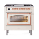 ILVE dual fuel range with large oven window, copper trim, and antique white front