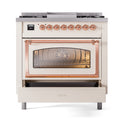 ILVE dual fuel range, antique white with copper-trim triple-glass oven door