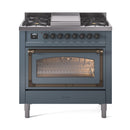 Blue grey dual-fuel gas range with bronze trim, burners and glass oven door