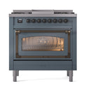 Blue grey dual fuel range with closed oven door window, bronze handle and burner knobs.