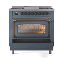 Blue grey dual fuel range with triple glass oven door and bronze trim, front view.