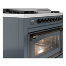 Side view of blue grey dual-fuel range showing control knobs and open oven door