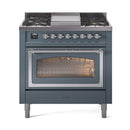Blue grey dual-fuel range oven with open glass door and burner grates on top