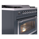 Blue grey dual-fuel gas range with stainless trim and oven door handle