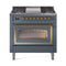 ILVE Nostalgie II Noblesse 36-Inch 3.5 Cu. Ft. Natural Gas Dual Fuel Range with 6 Burners, Griddle and Triple Glass Door in Blue Grey with Brass Trim (UN36FNMPBGG)