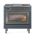 Blue-grey dual fuel gas range with oven door closed, brass trim, and row of round burners