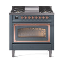 Blue-grey ILVE dual fuel range with triple glass oven door and copper trim detail