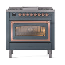 Blue-grey ILVE dual fuel range with copper-trimmed triple glass oven door and control knobs