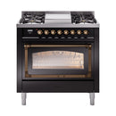Glossy black dual-fuel gas range with bronze-trim oven door and burner control knobs