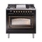 ILVE Nostalgie II Noblesse 36-Inch 3.5 Cu. Ft. Propane Gas Dual Fuel Range with 6 Burners, Griddle and Triple Glass Door in Glossy Black with Burnished Bronze Trim (UN36FNMPBKBLP)