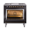 Open oven cavity with illuminated burner rings and oven racks in glossy black range
