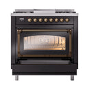 Glossy black dual-fuel range with bronze-trimmed oven door and control knobs