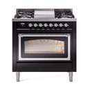 Glossy black dual fuel range front view with open oven window and burner control knobs
