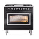 Glossy black dual fuel range with oven door open and illuminated interior, chrome trim