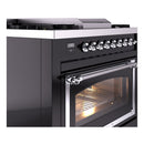 Glossy black range side view with chrome control knobs and open oven door