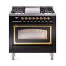 Glossy black range oven front with glass door and brass trim, gas knobs on top