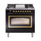 ILVE Nostalgie II Noblesse 36-Inch 3.5 Cu. Ft. Propane Gas Dual Fuel Range with 6 Burners, Griddle and Triple Glass Door in Glossy Black with Brass Trim (UN36FNMPBKGLP)