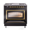 Narrow view of glossy black oven door with brass trim and control panel above