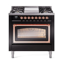 Glossy black dual-fuel range with copper-trim oven window and open oven cavity