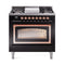 ILVE Nostalgie II Noblesse 36-Inch 3.5 Cu. Ft. Propane Gas Dual Fuel Range with 6 Burners, Griddle and Triple Glass Door in Glossy Black with Copper Trim (UN36FNMPBKPLP)