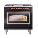 ILVE glossy black dual fuel range with illuminated oven window and copper-trim door