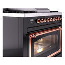 Glossy black dual-fuel range side view with copper control dials and oven door