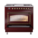 Burgundy dual-fuel range with bronze control knobs and oven window, triple glass door