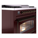 Burgundy dual fuel range with bronze control bar and open oven door